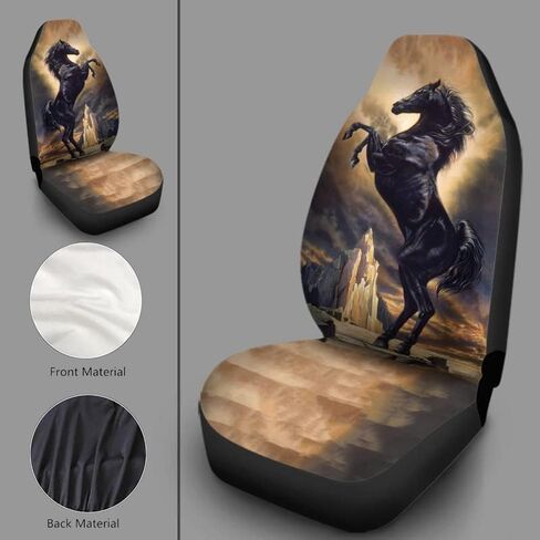 Bulopur Mountain Black Horse Print النساء والرجال أغطية مقاعد السيارة إكسسوارات داخلية للمقعد مجموعة كاملة من 2، واقي المقعد الأمامي التلقائي وسادات المقعد الأمامي للسائق العالمي المزخرفة in Kuwait