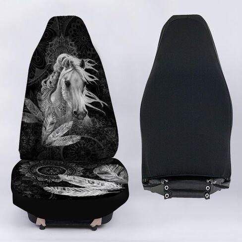 Bulopur Mountain Black Horse Print النساء والرجال أغطية مقاعد السيارة إكسسوارات داخلية للمقعد مجموعة كاملة من 2، واقي المقعد الأمامي التلقائي وسادات المقعد الأمامي للسائق العالمي المزخرفة in Kuwait