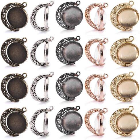 DROLE 60Pcs Moon Rotation Pendant Trays Kit-20Pcs 25mm Double Side Cabochon Setting and 40Pcs 25mm Rond Glass Cabochons for Jewelry Making DIY Crafts 5 Colors in Saudi Arabia