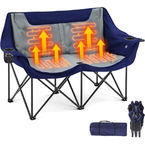 Heated Double Camping Chair for Adults, 4 Heating Zones & 3 Heat Levels, Padded Loveseat Oversize Folding Chair Portable for Outdoor Sports Lawn, Use 5v/3a Power Bank (Not Included)(Black, Gray) in Kuwait