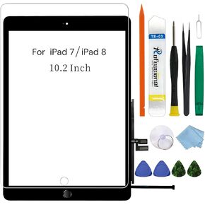 لجهاز iPad 7/8 (الجيل السابع) الثامن) زجاج بديل للشاشة يعمل باللمس، لجهاز iPad 10.2 بوصة A2197 A2200 A2270 A2428، لاصق مثبت مسبقًا، مع زر الصفحة الرئيسية، وواقي ومجموعة إصلاح كاملة - أسود in Kuwait