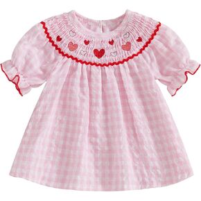 Toddler Baby Girl Valentines Day Outfit Long Sleeve Ruffle Smocked Heart Embroidery Plaid Dress Playwear Summer Dress in Saudi Arabia