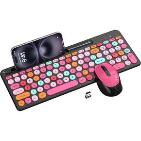 Pink & Black Colorful Wireless Keyboard and Mouse Combo - Round Keycaps, 2.4GHz Retro Typewriter Keyboard with Number Pad, Cute Compact USB Keyboard and Mouse for Computer PC Desktop Laptop Windows in Kuwait