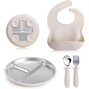 Stainless Steel Kids Plates & Spoon Set with Silicone Bibs–9"Divided Toddler Plates with Removable Suction Cups,Non-Toxic & BPA Free,Non Slip,Dishwasher Safe,Unbreakable baby plates(blue) in Saudi Arabia