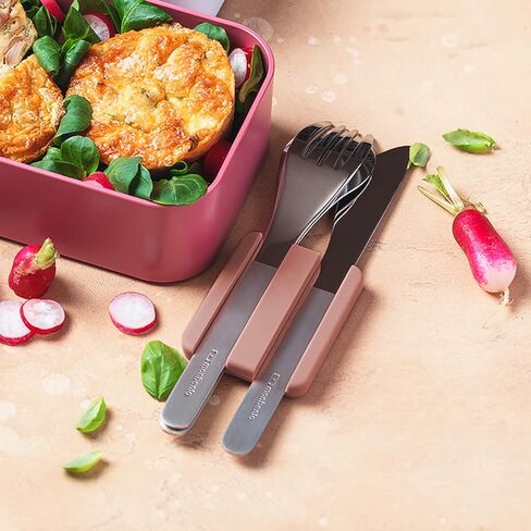 MONBENTO - مجموعة أدوات مائدة MB Slim Box Moka لصندوق الغداء - 3 قطع ملعقة سكين شوكة - مجموعة أدوات مائدة لتعبئة غداء العمل - مناسبة لصناديق MB Original وMB Bento المربعة - الفولاذ المقاوم للصدأ - وردي in Kuwait