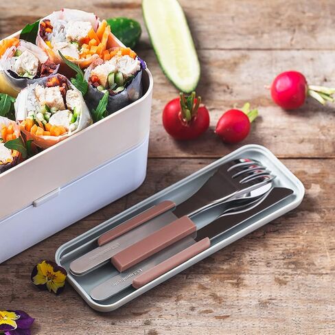 MONBENTO - مجموعة أدوات مائدة MB Slim Box Moka لصندوق الغداء - 3 قطع ملعقة سكين شوكة - مجموعة أدوات مائدة لتعبئة غداء العمل - مناسبة لصناديق MB Original وMB Bento المربعة - الفولاذ المقاوم للصدأ - وردي in Kuwait