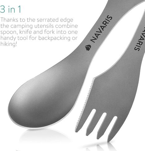 أدوات التخييم Navaris Titanium Spork (مجموعة من 2) - شوكة 3 في 1، ملعقة، مجموعة أدوات مائدة سكين - أدوات فضية معدنية لحقائب الظهر، والمشي لمسافات طويلة، في الهواء الطلق in Saudi Arabia