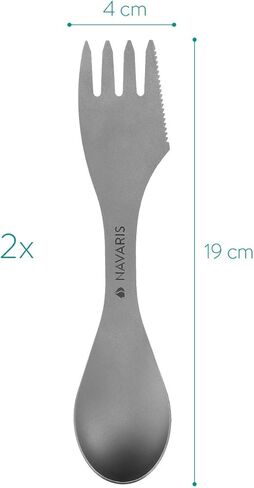 أدوات التخييم Navaris Titanium Spork (مجموعة من 2) - شوكة 3 في 1، ملعقة، مجموعة أدوات مائدة سكين - أدوات فضية معدنية لحقائب الظهر، والمشي لمسافات طويلة، في الهواء الطلق in Saudi Arabia