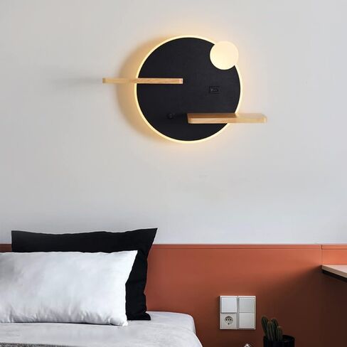 LED حديث مع رف خشبي | مصباح قراءة داخلي مثبت على الحائط مع مفتاح ومنفذ شحن USB | ديكور إضاءة الجدار أضواء لغرفة النوم فندق 3000K الأبيض الدافئ in Saudi Arabia