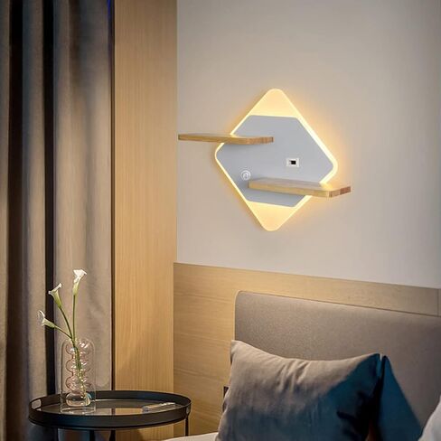 Modern LED with Wooden Shelve | Indoor Wall Mount Reading Light with Switch & USB Charging Port | Decor Lighting Wall Lights for Bedroom Hotel 3000K Warm White in Saudi Arabia