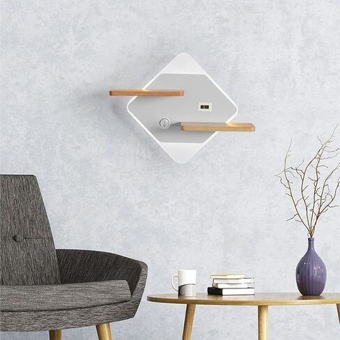 Modern LED with Wooden Shelve | Indoor Wall Mount Reading Light with Switch & USB Charging Port | Decor Lighting Wall Lights for Bedroom Hotel 3000K Warm White in Saudi Arabia