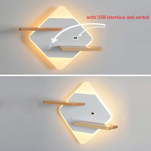 Modern LED with Wooden Shelve | Indoor Wall Mount Reading Light with Switch & USB Charging Port | Decor Lighting Wall Lights for Bedroom Hotel 3000K Warm White in Saudi Arabia