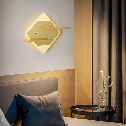 LED حديث مع رف خشبي | مصباح قراءة داخلي مثبت على الحائط مع مفتاح ومنفذ شحن USB | ديكور إضاءة الجدار أضواء لغرفة النوم فندق 3000K الأبيض الدافئ in Saudi Arabia