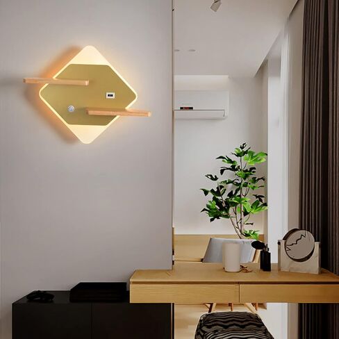 LED حديث مع رف خشبي | مصباح قراءة داخلي مثبت على الحائط مع مفتاح ومنفذ شحن USB | ديكور إضاءة الجدار أضواء لغرفة النوم فندق 3000K الأبيض الدافئ in Saudi Arabia