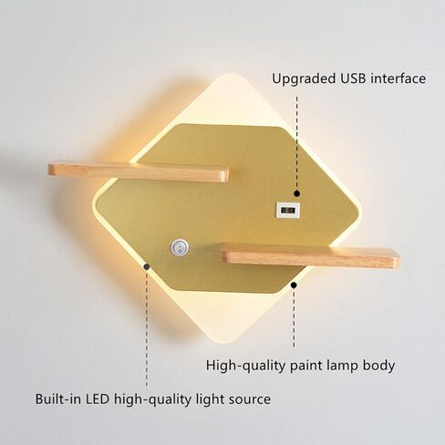LED حديث مع رف خشبي | مصباح قراءة داخلي مثبت على الحائط مع مفتاح ومنفذ شحن USB | ديكور إضاءة الجدار أضواء لغرفة النوم فندق 3000K الأبيض الدافئ in Saudi Arabia
