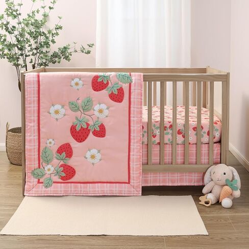 The Peanutshell Strawberry Sweet 3-Piece Baby Girl Crib Bedding Set – Pink Nursery Bedding, Crib Comforter & Decor for Newborns and Toddlers in Saudi Arabia