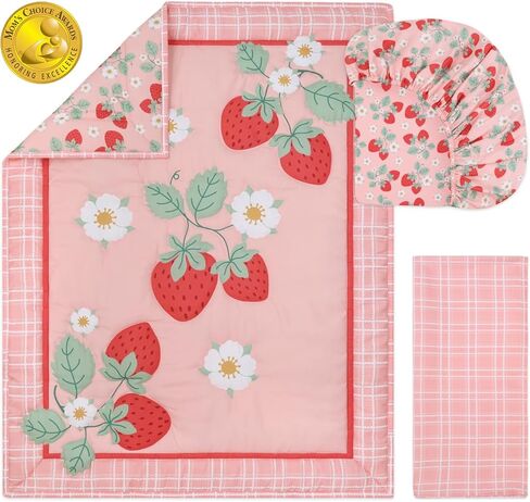 The Peanutshell Strawberry Sweet 3-Piece Baby Girl Crib Bedding Set – Pink Nursery Bedding, Crib Comforter & Decor for Newborns and Toddlers in Saudi Arabia