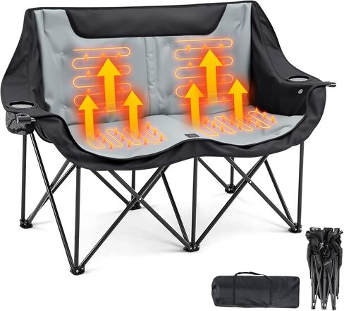 Heated Double Camping Chair for Adults, 4 Heating Zones & 3 Heat Levels, Padded Loveseat Oversize Folding Chair Portable for Outdoor Sports Lawn, Use 5v/3a Power Bank (Not Included)(Black, Gray) in Saudi Arabia