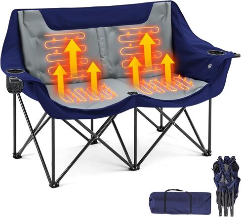 Heated Double Camping Chair for Adults, 4 Heating Zones & 3 Heat Levels, Padded Loveseat Oversize Folding Chair Portable for Outdoor Sports Lawn, Use 5v/3a Power Bank (Not Included)(Black, Gray) in Saudi Arabia