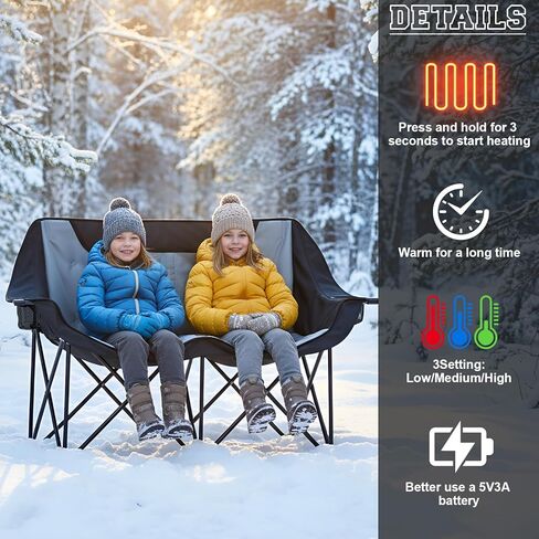 Heated Double Camping Chair for Adults, 4 Heating Zones & 3 Heat Levels, Padded Loveseat Oversize Folding Chair Portable for Outdoor Sports Lawn, Use 5v/3a Power Bank (Not Included)(Black, Gray) in Saudi Arabia