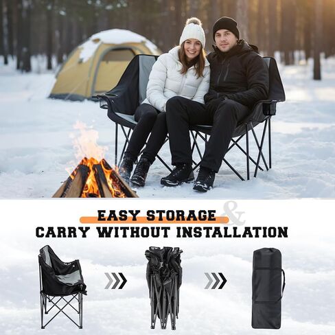 Heated Double Camping Chair for Adults, 4 Heating Zones & 3 Heat Levels, Padded Loveseat Oversize Folding Chair Portable for Outdoor Sports Lawn, Use 5v/3a Power Bank (Not Included)(Black, Gray) in Saudi Arabia