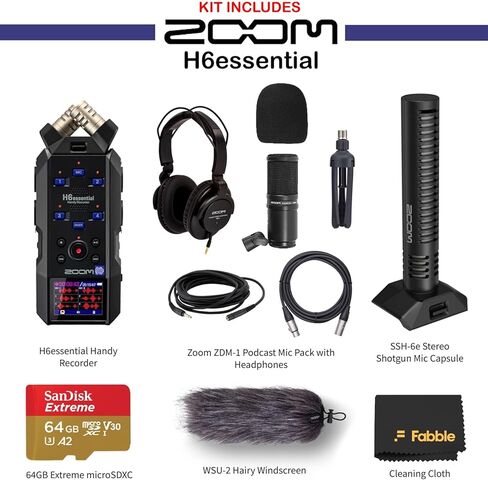 حزمة مسجل Zoom H6 الأساسية مع كبسولة ميكروفون ستيريو Zoom Shotgun Mic، وميكروفون بودكاست، وسماعات الرأس، وكابل XLR، وحوامل الطاولة، والزجاج الأمامي، والكابلات، وبطاقة ذاكرة Micro SD سعة 2 × 64 جيجابايت in Saudi Arabia