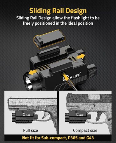 CVLIFE 800 Lumens Mini Pistol Light Rechargeable with All New Sliding Rail, Compact Gun Light with Strobe Mode for GL Rails, Mini Pistol Flashlight for Home Defense and Hunting in Saudi Arabia
