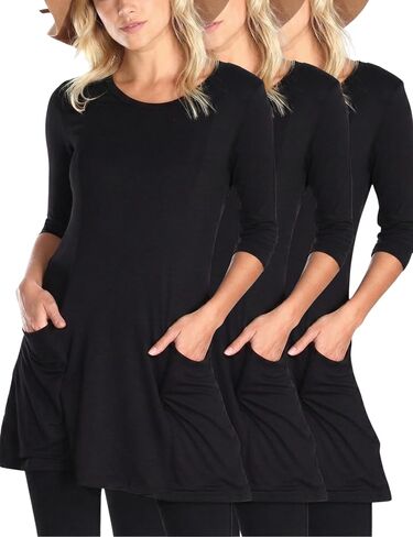 Popana 3 Pack Women’s 3/4 Sleeve Tunic Top – Scoop Neck Long Tunic Shirts to Wear with Leggings with Pockets in Kuwait