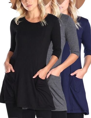 Popana 3 Pack Women’s 3/4 Sleeve Tunic Top – Scoop Neck Long Tunic Shirts to Wear with Leggings with Pockets in Kuwait