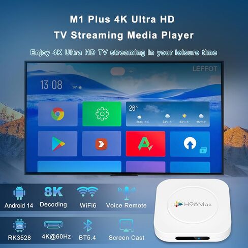 Android 14.0 TV Box 2025، جهاز بث LEFFOT M1 Plus 4K Ultra HD للتلفزيون، ذاكرة وصول عشوائي 2 جيجابايت + ذاكرة وصول عشوائي 16 جيجابايت، دعم فك تشفير 8K، التحكم الصوتي، WiFi 6، BT 5.4، HDR10، ثلاثي الأبعاد، H.265 H.264 AVS2، RK3528 رباعي النواة A53 in Kuwait