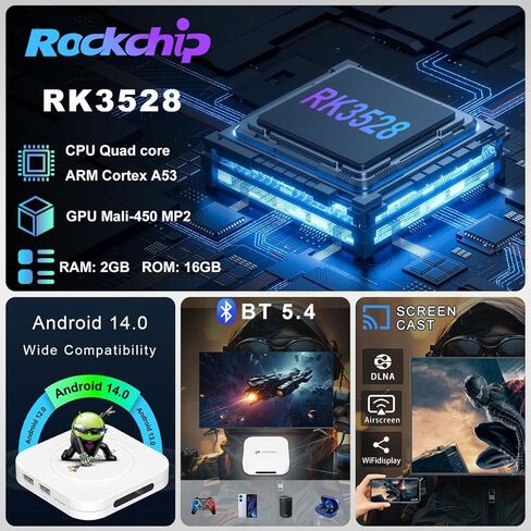 Android 14.0 TV Box 2025، جهاز بث LEFFOT M1 Plus 4K Ultra HD للتلفزيون، ذاكرة وصول عشوائي 2 جيجابايت + ذاكرة وصول عشوائي 16 جيجابايت، دعم فك تشفير 8K، التحكم الصوتي، WiFi 6، BT 5.4، HDR10، ثلاثي الأبعاد، H.265 H.264 AVS2، RK3528 رباعي النواة A53 in Kuwait