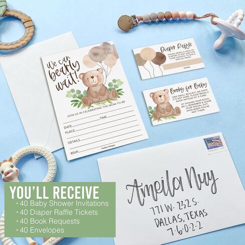 Hadley Designs Baby Shower Invitations for Girl -40 Baby Shower Invites for Boy with Diaper Raffle & Book Request Cards, Teddy Bear Gender Reveal Invitations Gender Neutral, We Can Bearly Wait in Saudi Arabia