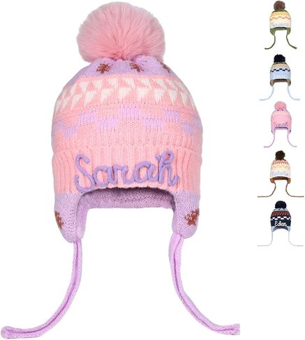Name Toddler Beanie Personalized Toddler Winter Hat for Girls Boys Infant Baby Knit Beanie with Ear Flaps 0-4 Years in Saudi Arabia