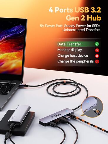 USB 3.2 Gen2 Hub, QUUGE 5-in-1 USB Splitter with 4 USB-A 10Gbps Ports, USB Multiport Adapter with 120cm Nylon Cable, 5V 2A Type-C Power Port for MacBook, Mac Pro, iMac, Laptop, PC, Flash Drive, HDD in Saudi Arabia