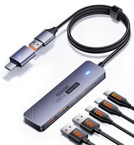 USB 3.2 Gen2 Hub, QUUGE 5-in-1 USB Splitter with 4 USB-A 10Gbps Ports, USB Multiport Adapter with 120cm Nylon Cable, 5V 2A Type-C Power Port for MacBook, Mac Pro, iMac, Laptop, PC, Flash Drive, HDD in Saudi Arabia