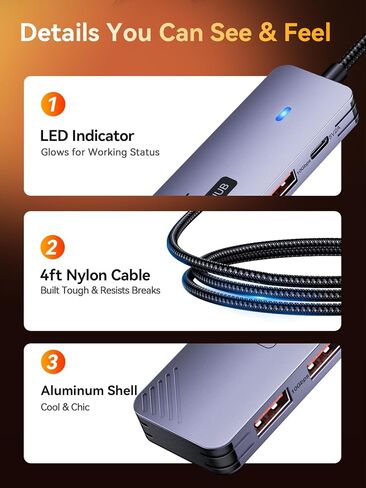 USB 3.2 Gen2 Hub, QUUGE 5-in-1 USB Splitter with 4 USB-A 10Gbps Ports, USB Multiport Adapter with 120cm Nylon Cable, 5V 2A Type-C Power Port for MacBook, Mac Pro, iMac, Laptop, PC, Flash Drive, HDD in Saudi Arabia