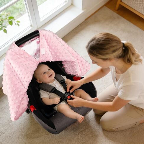 غطاء مقعد السيارة Hooyax Peekaboo للفتيات الصغيرات - مظلة مقعد سيارة مينكي دافئة للشتاء مع فتحة قابلة للتعديل، ملاءمة عالمية لمقاعد السيارات وعربات الأطفال الرضع، غطاء رضاعة ناعم وبطانية (فيونكة وردية) in Kuwait