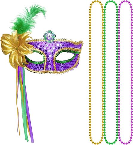 4Pcs Mardi Gras Mask Carnival Masquerade Mask with Mardi Gras Bead Necklace Mardi Gras Costume Accessories in Saudi Arabia