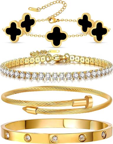 أساور ذهبية للنساء، مجموعة أساور تنس نسائية مطلية بالذهب عيار 18 قيراط، مجموعة أساور على شكل زهرة البرسيم، مجموعة أساور ذهبية قابلة للتكديس مجموعة مجوهرات عصرية، هدايا لعيد المرأة وعيد الأم in Kuwait