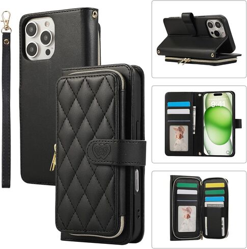 Wallet Case for iPhone 16 Pro Max 6.9 inch with Zipper Card Holder & Shoulder Strap & Wrist Strap, Crossbody Purse Handbag Stylish Protective Cover for iPhone 16 Pro Max -Black in Saudi Arabia