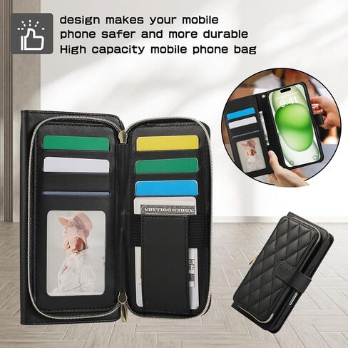 Wallet Case for iPhone 16 Pro Max 6.9 inch with Zipper Card Holder & Shoulder Strap & Wrist Strap, Crossbody Purse Handbag Stylish Protective Cover for iPhone 16 Pro Max -Black in Saudi Arabia