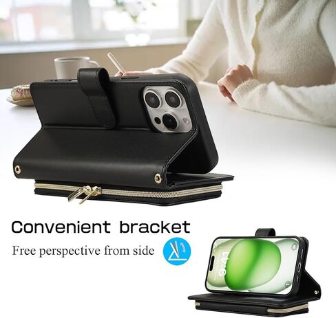Wallet Case for iPhone 16 Pro Max 6.9 inch with Zipper Card Holder & Shoulder Strap & Wrist Strap, Crossbody Purse Handbag Stylish Protective Cover for iPhone 16 Pro Max -Black in Saudi Arabia