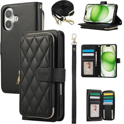 Wallet Case for iPhone 16 Pro Max 6.9 inch with Zipper Card Holder & Shoulder Strap & Wrist Strap, Crossbody Purse Handbag Stylish Protective Cover for iPhone 16 Pro Max -Black in Saudi Arabia