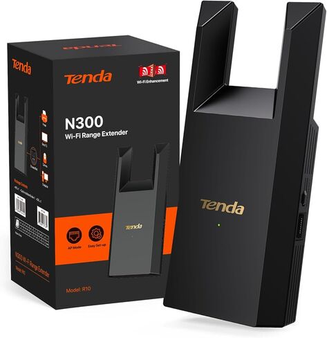 Tenda WiFi Extender N300 WiFi Extender,with Ethernet Port, Up to 800 Sq. Ft.,Single Band WiFi Range Extender,Repeater Mode&AP Mode,Easy Setup,2.4GHz only(R10-BK) in Saudi Arabia