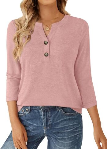 Womens Tops 3/4 Sleeve V Neck Button Down Henley Shirts Business Casual Outfit Basic Tees Summer Top 2025 in Saudi Arabia