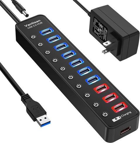 موزع بيانات USB 3.0 يعمل بـ 7 منافذ USB مع منفذ شحن ذكي ومحول يعمل بقوة 5 فولت/4 أمبير ومفاتيح تشغيل/إيقاف لأجهزة MacBook وMac Pro/Mini وiMac وSurface Pro Laptop/PC in Kuwait