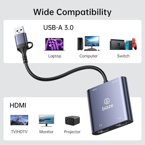 Dual HDMI Adapter, USB C & USB 3.0 to Dual HDMI 60Hz Hub with 100W PD Charging, 2 Monitor Extended Display Adapter for MacBook M1/M2/M3, Windows Laptops, iPad Pro, Chromebook in Saudi Arabia