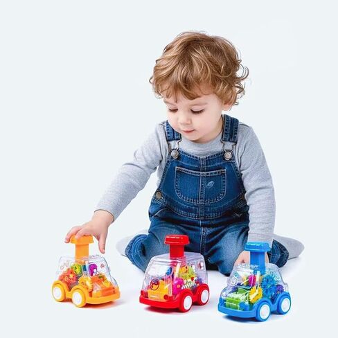 Push Go Cars for Toddlers 1-3, 3 Pack Transparent Gear Press and Go Toy Cars, No Battery Inertia Cars for 1 Year Old Boys Girls, First Birthday Gift in Kuwait