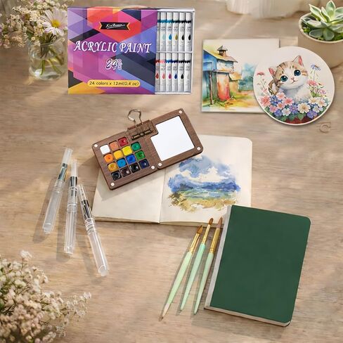 مجموعة ألوان مائية للسفر - مجموعة ألوان مائية صغيرة محمولة مع فرش، لوحة ألوان مائية للجيب، مجموعة طلاء صغيرة للمبتدئين والطلاب وفناني الهواة ومحبي فنون السفر (8) in Kuwait