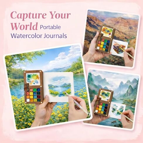 مجموعة ألوان مائية للسفر - مجموعة ألوان مائية صغيرة محمولة مع فرش، لوحة ألوان مائية للجيب، مجموعة طلاء صغيرة للمبتدئين والطلاب وفناني الهواة ومحبي فنون السفر (8) in Kuwait